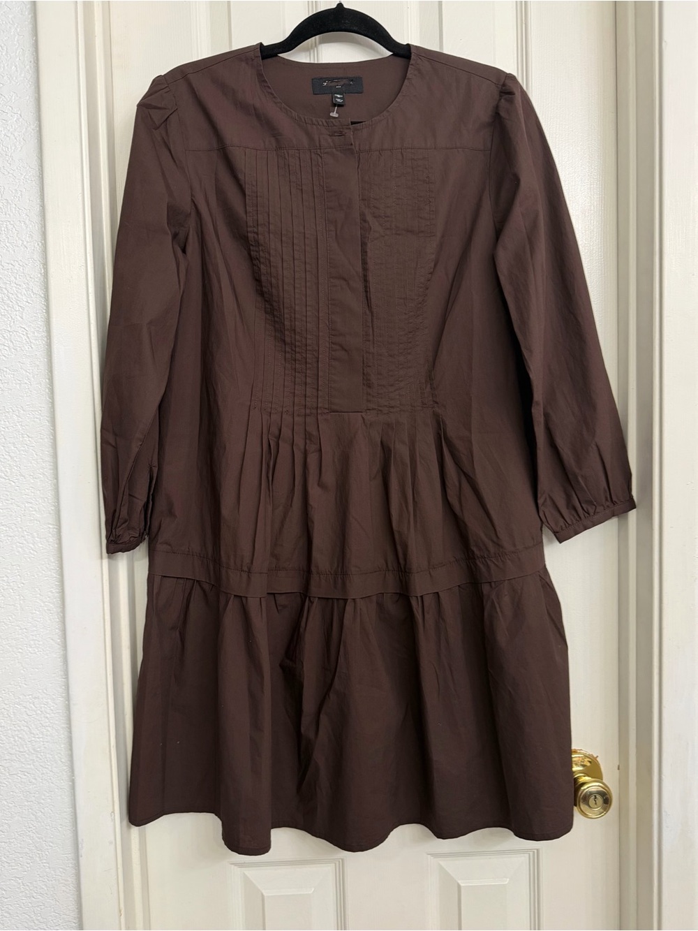 7255 Banana Republic Brown Solid A-Line Short Dress 3/4 Sleeve Pleated Pockets S